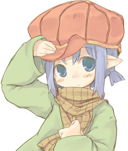 7010, lowres, blue eyes, blue hair, hat, pointy ears, scarf, solo