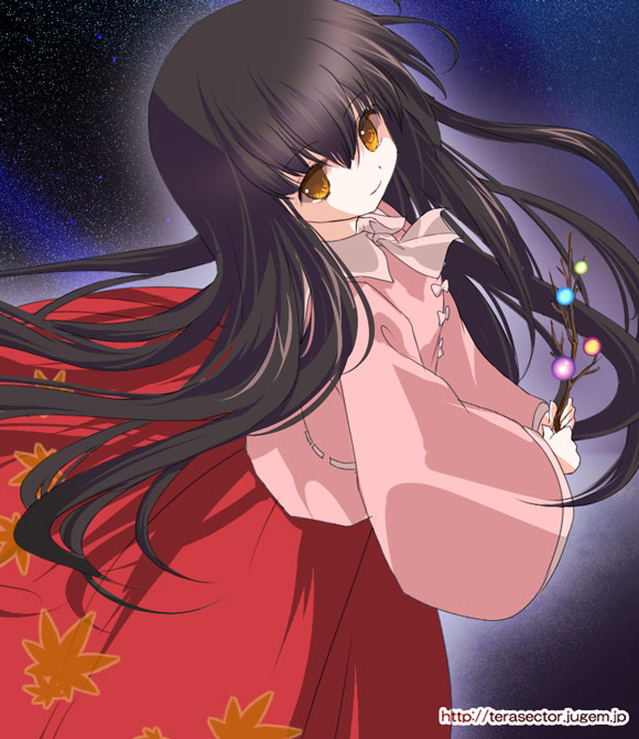 omuni, houraisan kaguya, touhou, 1girl, black hair, branch, brown eyes, dress, female focus, from above, glowing, holding, leaf print, long hair, long sleeves, looking at viewer, looking up, orb, red dress, solo, very long hair