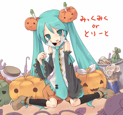 7010, hatsune miku, vocaloid, lowres, translation request, 1girl, blue eyes, blue hair, candy, detached sleeves, female focus, food, food-themed hair ornament, hair ornament, jack-o'-lantern, lollipop, matching hair/eyes, necktie, pumpkin, pumpkin-shaped pants, pumpkin hair ornament, socks, solo, spring onion, sweets, swirl lollipop, trick or treat, twintails