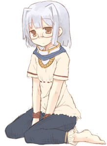 7010, silver hair, lowres, 1girl, barefoot, brown eyes, feet, female focus, full body, glasses, simple background, solo, white background