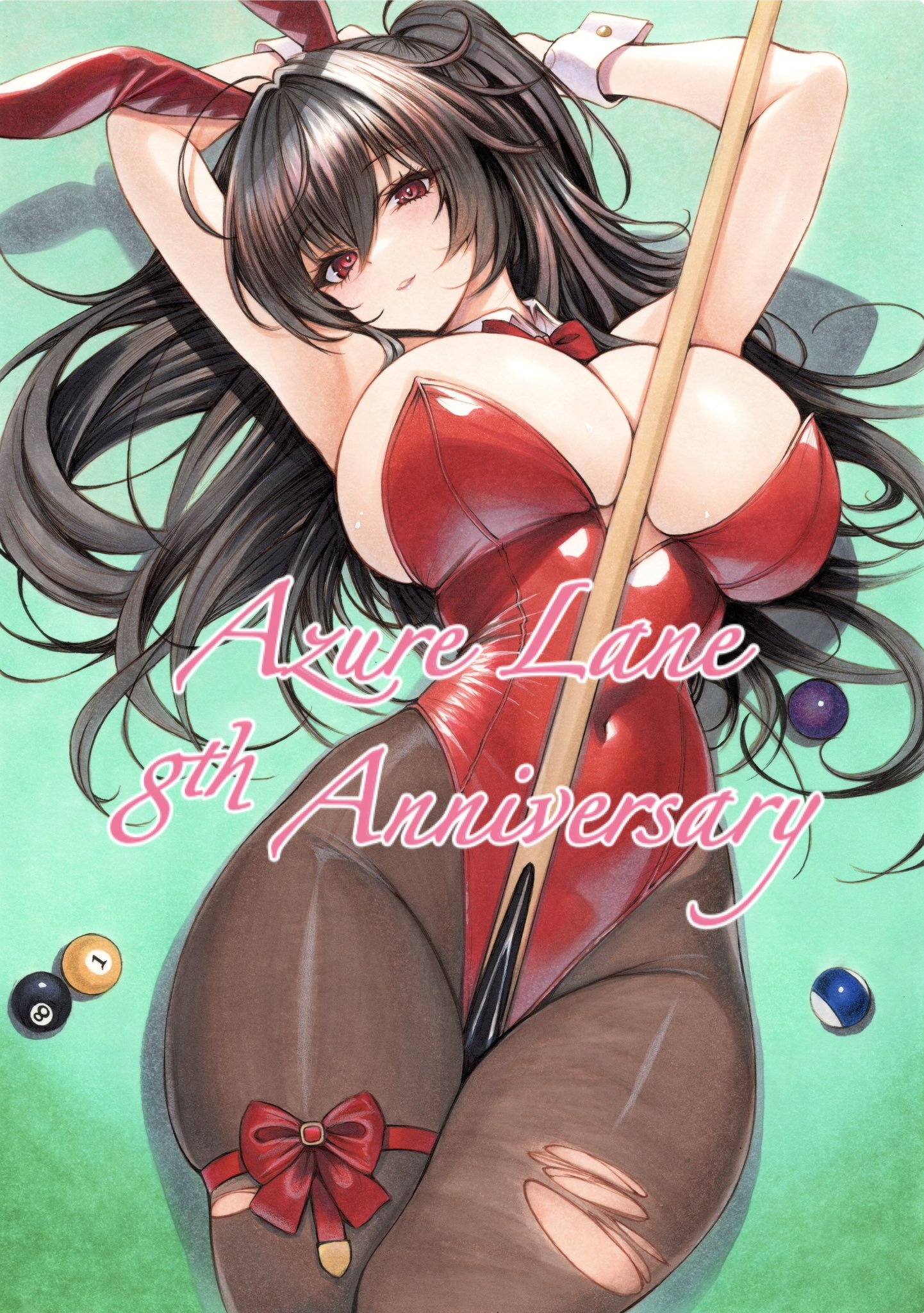 yosaku vs hina, taihou (azur lane), taihou (fun on the baize) (azur lane), azur lane, commentary request, highres, traditional media, 1girl, 8-ball, animal ear hairband, animal ears, anniversary, arms up, ball, billiard ball, black hair, bow, bowtie, breasts, brown pantyhose, covered navel, cue stick, fake animal ears, hair between eyes, hairband, high-waist pantyhose, huge breasts, leotard, long hair, looking at viewer, lying, official alternate costume, on back, pantyhose, playboy bunny, rabbit ear hairband, rabbit ears, red bow, red bowtie, red eyes, red leotard, solo, strapless, strapless leotard, thigh bow, torn clothes, torn pantyhose, undersized breast cup, white wrist cuffs, wrist cuffs