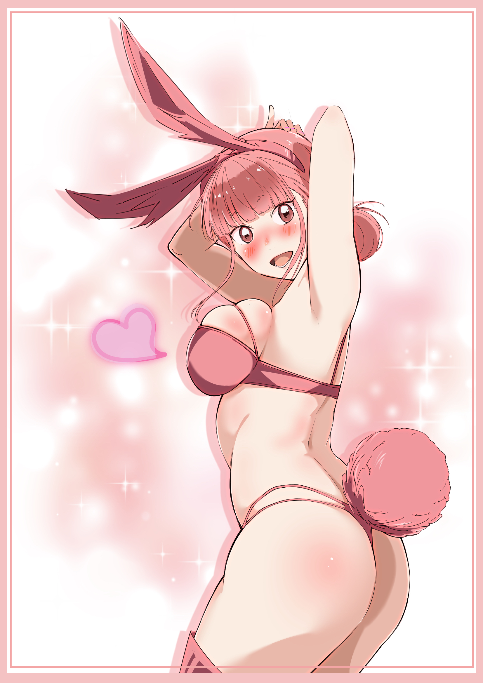 coriponz, chouno hina, ao no hako, highres, 1girl, animal ears, armpits, arms up, ass, blush, border, bra, breasts, facing to the side, heart, looking at viewer, medium breasts, midriff, open mouth, panties, pink border, pink bra, pink hair, pink panties, rabbit ears, rabbit tail, red eyes, simple background, smile, solo, sparkle, string panties, tail, thighhighs, thighs, thong, underwear