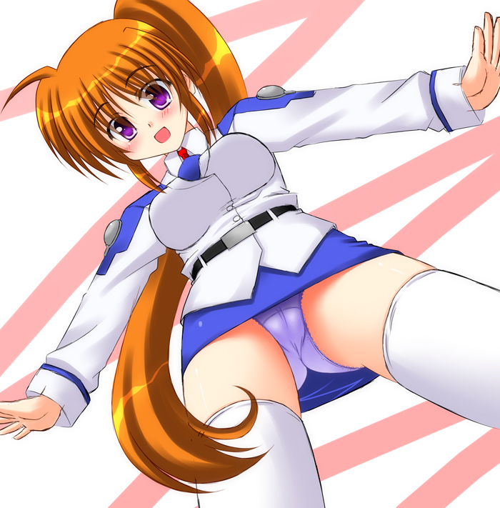 lask, takamachi nanoha, lyrical nanoha, mahou shoujo lyrical nanoha, mahou shoujo lyrical nanoha strikers, 00s, 1girl, blush, brown hair, cameltoe, female focus, long hair, military, military uniform, miniskirt, orange hair, panties, pantyshot, pencil skirt, ponytail, purple eyes, side ponytail, skirt, solo, thighhighs, underwear, upskirt, zettai ryouiki