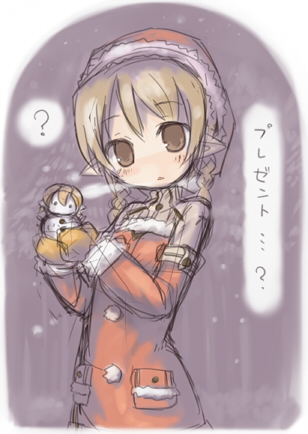 7010, lowres, translation request, braid, brown eyes, cold, hat, pointy ears, santa costume, santa hat, snow, snowman, twin braids
