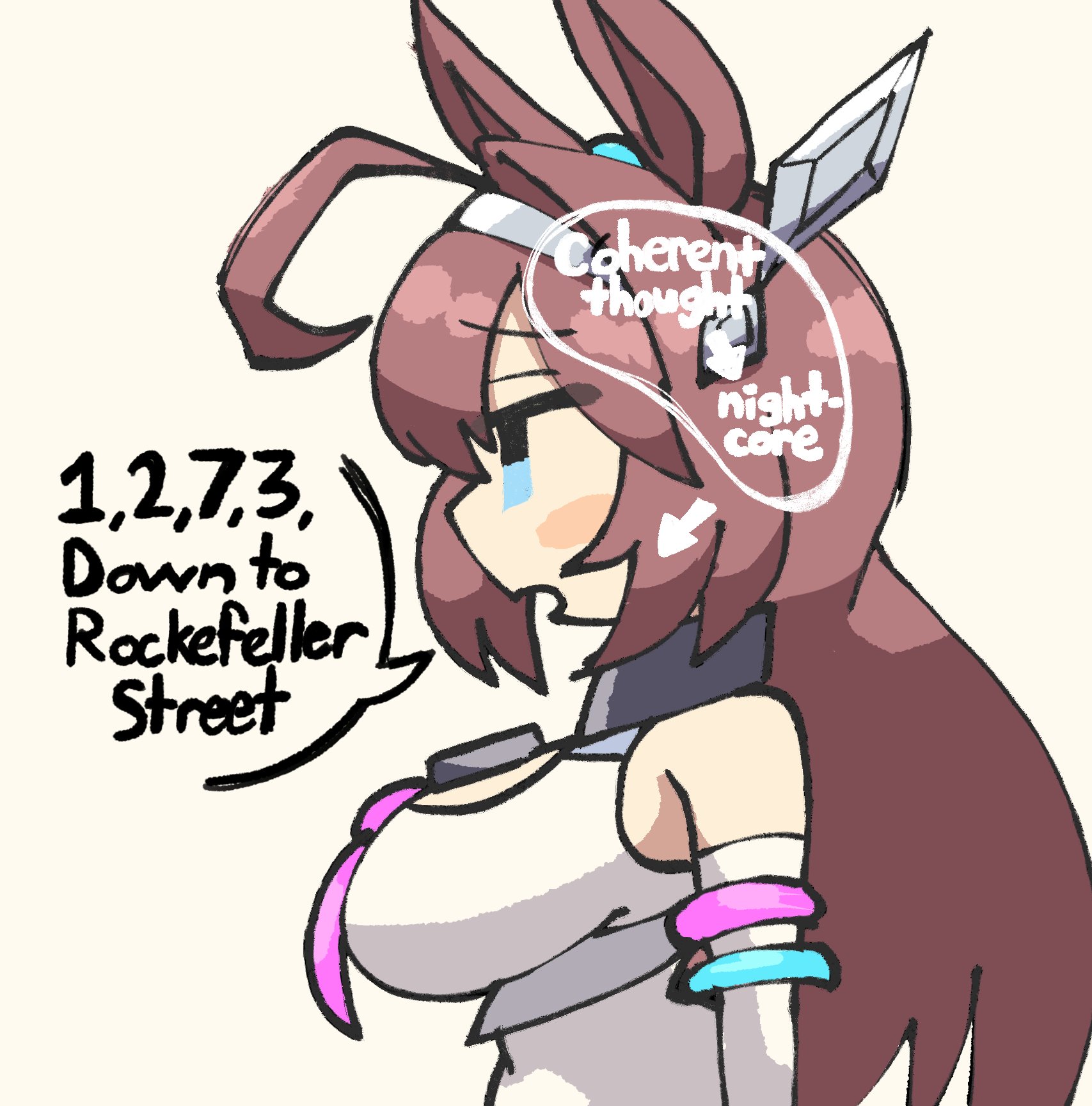 notnoe (dxcl), mihono bourbon (umamusume), umamusume, commentary, english commentary, highres, 1girl, ahoge, animal ears, blue eyes, blush stickers, breasts, brown hair, english text, grey background, hairband, horse ears, horse girl, huge ahoge, large breasts, leotard, long hair, looking afar, no sclera, open mouth, profile, simple background, solo, upper body, white hairband, white leotard