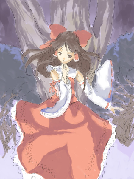 yohane, hakurei reimu, touhou, 1girl, bow, detached sleeves, dress, female focus, frills, hair bow, japanese clothes, miko, nature, outdoors, solo, standing, tree