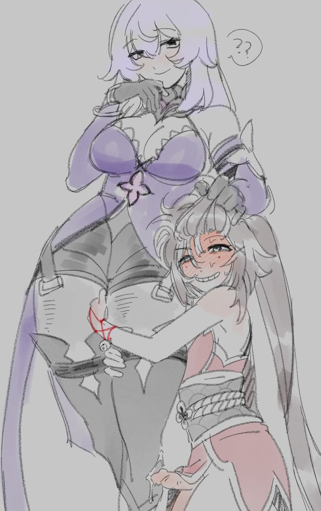 deertripetri, black swan (honkai: star rail), sparkle (honkai: star rail), honkai: star rail, honkai (series), 2girls, ?, ??, babydoll, black eyes, black gloves, black hair, blush, boots, braid, breasts, cleavage, closed mouth, cum on legwear, erection, full-face blush, futanari, futanari masturbation, gloves, grabbing another's hair, grey background, grin, heart, heart-shaped pupils, holding another's hair, hugging another's leg, japanese clothes, kimono, kneeling, large breasts, long hair, masturbation, multiple girls, no panties, penis, purple babydoll, purple hair, red kimono, simple background, small penis, smile, spoken question mark, sweat, symbol-shaped pupils, testicles, thick thighs, thigh boots, thighs, twin braids, uncensored, wide hips