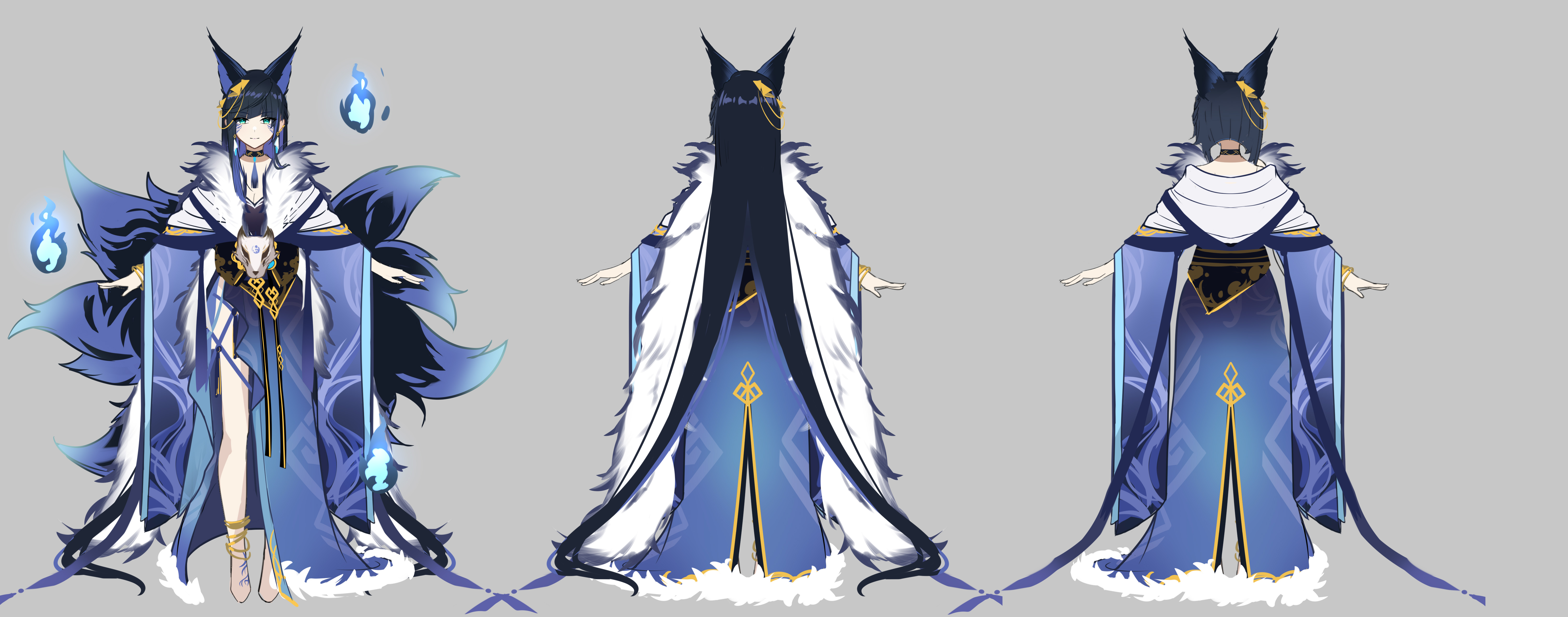 fishinthetea, yelan (genshin impact), genshin impact, absurdres, chinese commentary, highres, 1girl, a-pose, alternate costume, alternate hair length, alternate hairstyle, animal ears, anklet, barefoot, black choker, black hair, black sash, blue dress, blue fire, blue hair, blue hanfu, blue tail, bob cut, breasts, cape, chinese clothes, choker, cleavage, closed mouth, diagonal bangs, dress, earrings, extra ears, facial mark, fire, fox ears, fox girl, fox ornament, fox tail, full body, fur-trimmed dress, fur cape, fur trim, green eyes, grey background, hair ornament, hanfu, head chain, jewelry, kemonomimi mode, kitsune, kyuubi, long hair, long sleeves, looking at viewer, multiple tails, multiple views, neck tassel, reference sheet, sash, side slit, simple background, smile, solo, standing, straight-on, tail, tassel, triangle hair ornament, turnaround, very long hair, wide sleeves