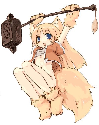7010, animal ears, animal hands, blonde hair, blue eyes, bottomless, long hair, no panties, oekaki, solo, tail