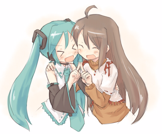 7010, hatsune miku, vocaloid, > <, 2girls, :d, ahoge, blue hair, brown hair, closed eyes, detached sleeves, hug, long hair, multiple girls, open mouth, smile, twintails, xd