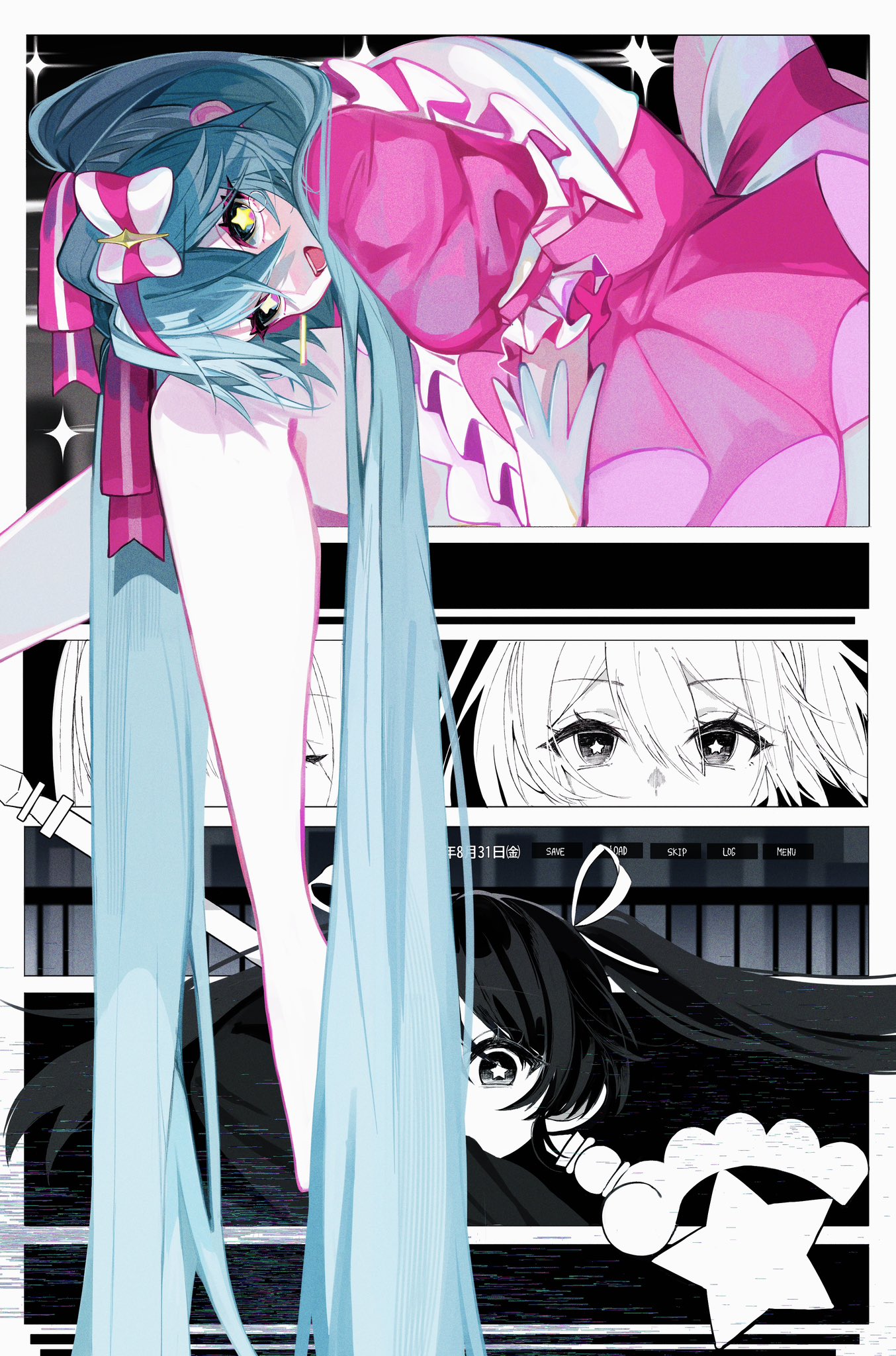 hatsune miku, vocaloid, highres, aqua hair, blue hair, dress, flower, frilled dress, frills, gloves, hair between eyes, hair flower, hair ornament, hair ribbon, ima sugu rinne (vocaloid), leaning forward, long hair, looking at viewer, multiple girls, open mouth, pink dress, puffy short sleeves, puffy sleeves, ribbon, short sleeves, sitting, star-shaped pupils, star (symbol), symbol-shaped pupils, twintails, very long hair, white gloves, yellow eyes, yunta (yuuta0o)