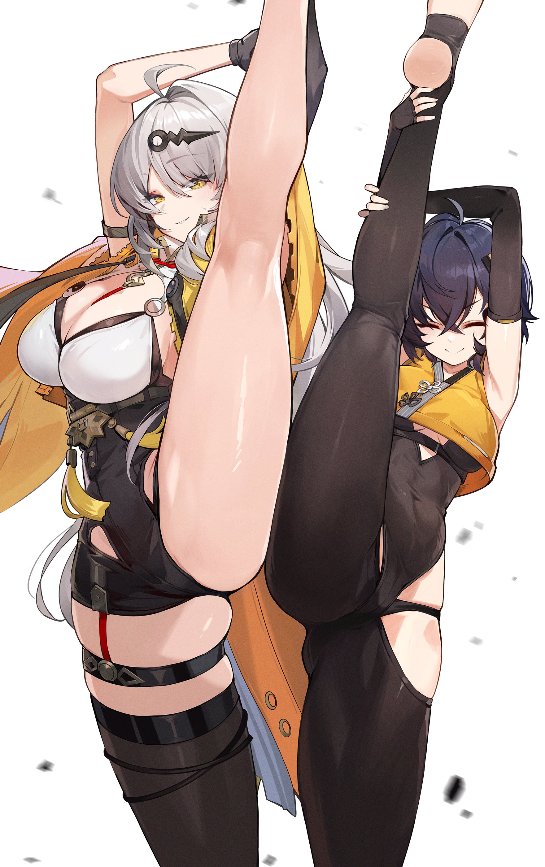 goomrrat, belle (delicate sunlight) (zenless zone zero), belle (zenless zone zero), yixuan (zenless zone zero), zenless zone zero, absurdres, highres, 2girls, asymmetrical gloves, bare legs, black unitard, blue hair, breasts, gloves, hair ornament, hairpin, jacket, letter hair ornament, mole, mole on breast, mole on chest, multiple girls, single hair intake, single thighhigh, spread legs, thighhighs, uneven gloves, white background, white hair, yellow eyes, yellow jacket, yin yang