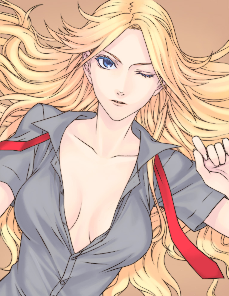 chimachi, kimura kaere, sayonara zetsubou sensei, bad id, bad pixiv id, 00s, 1girl, blonde hair, blue eyes, breasts, cleavage, female focus, no bra, one eye closed, open clothes, open shirt, shirt, solo, wink