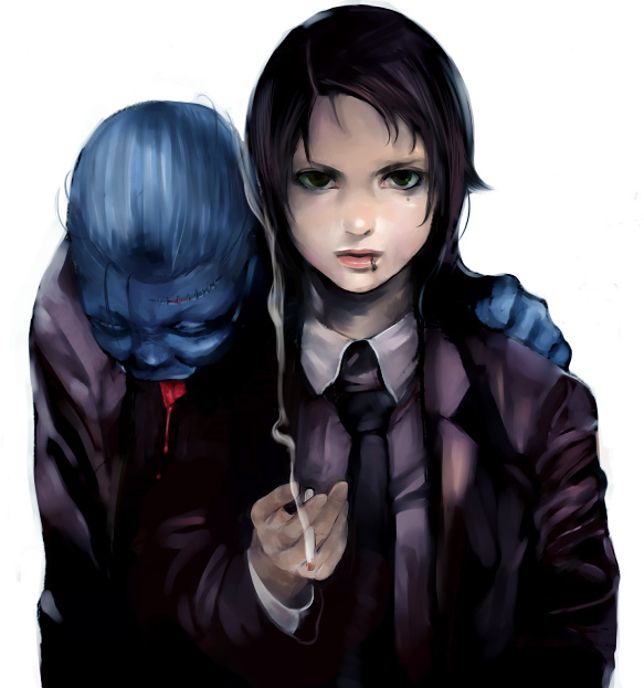 original, 2girls, cigarette, face piercing, lip piercing, lips, mole, mole under eye, multiple girls, necktie, piercing, smoking, zombie