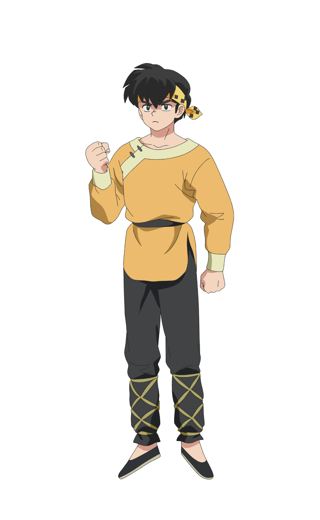 taniguchi hiromi, hibiki ryouga, ranma 1/2, highres, official art, 1boy, anime coloring, bandana, black hair, black pants, black sash, black shoes, chinese clothes, clenched hands, closed mouth, collarbone, full body, hair between eyes, hand up, headband, long sleeves, looking at viewer, pants, sash, shirt, shoes, short hair, simple background, solo, standing, tachi-e, thick eyebrows, transparent background, v-shaped eyebrows, yellow bandana, yellow shirt