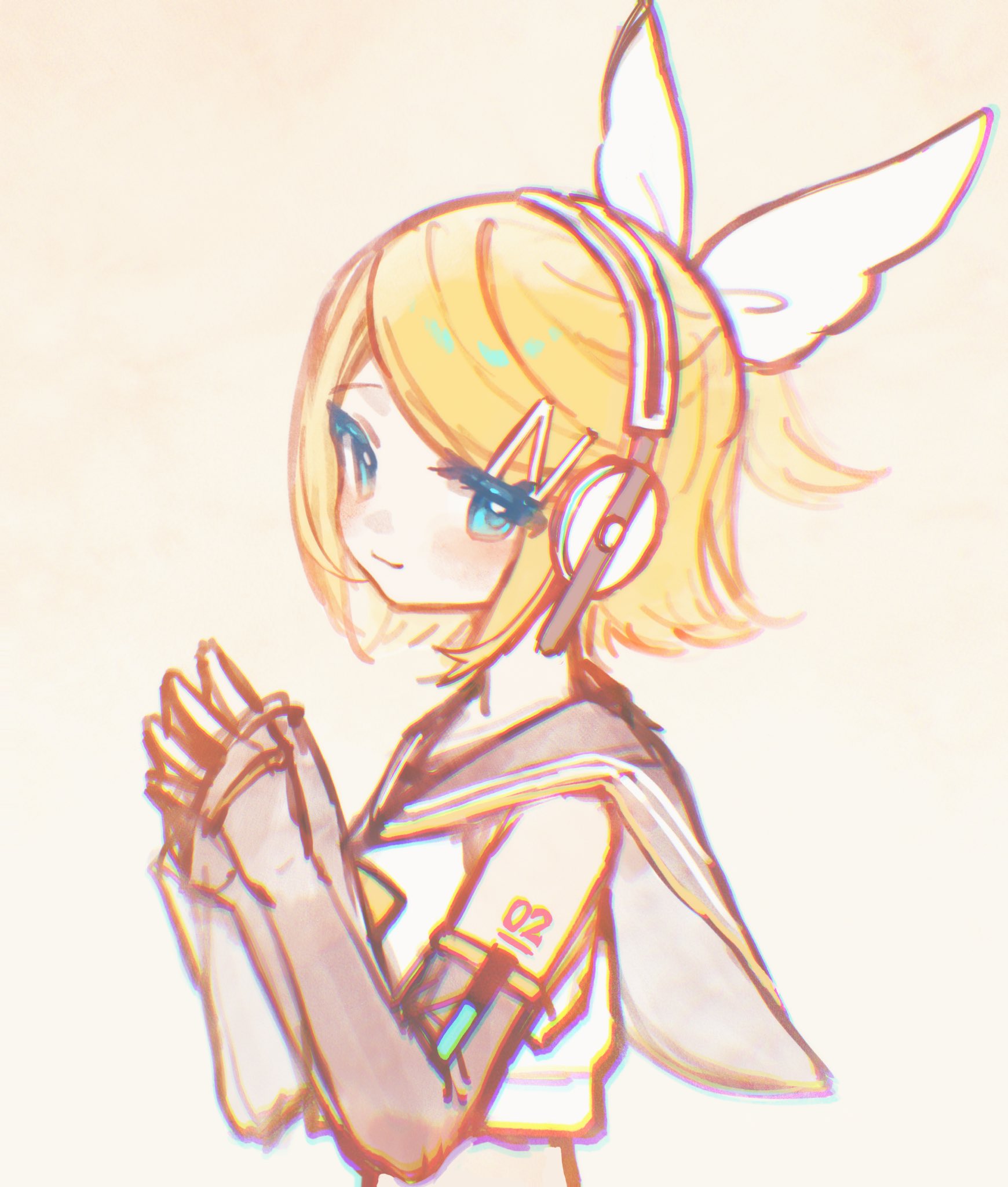 eob, kagamine rin, vocaloid, highres, 1girl, aqua eyes, arm warmers, bare shoulders, black sailor collar, blonde hair, blue eyes, blush, bow, crop top, detached sleeves, from side, hair bow, hair ornament, hairclip, headphones, headset, kagamine rin (nt), looking at viewer, midriff, neckerchief, number tattoo, own hands together, ponytail, sailor collar, shirt, short hair, short ponytail, shoulder tattoo, sleeveless, sleeveless shirt, sleeves past wrists, smile, solo, steepled fingers, swept bangs, tattoo, upper body, white bow, white shirt, yellow neckerchief