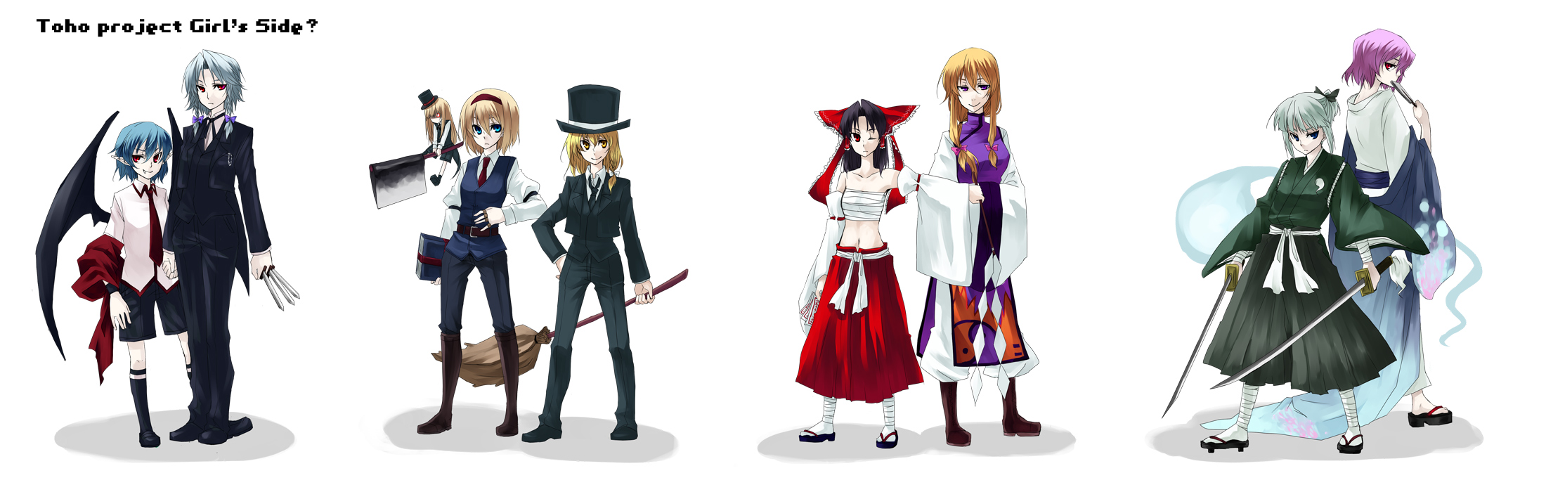 tadano kagekichi, alice margatroid, hakurei reimu, izayoi sakuya, kirisame marisa, konpaku youmu, konpaku youmu (ghost), remilia scarlet, saigyouji yuyuko, shanghai doll, yakumo yukari, imperishable night, touhou, bad id, bad pixiv id, highres, long image, wide image, 6+girls, blonde hair, female focus, folding fan, formal clothes, hand fan, hitodama, japanese clothes, katana, multiple girls, okobo, pant suit, pants, platform sandals, ponytail, sandals, sarashi, suit, sword, topless male, weapon, zouri