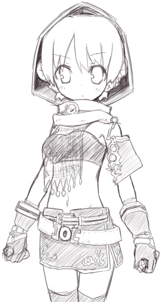 7010, lowres, gloves, hood, midriff, monochrome, thighhighs