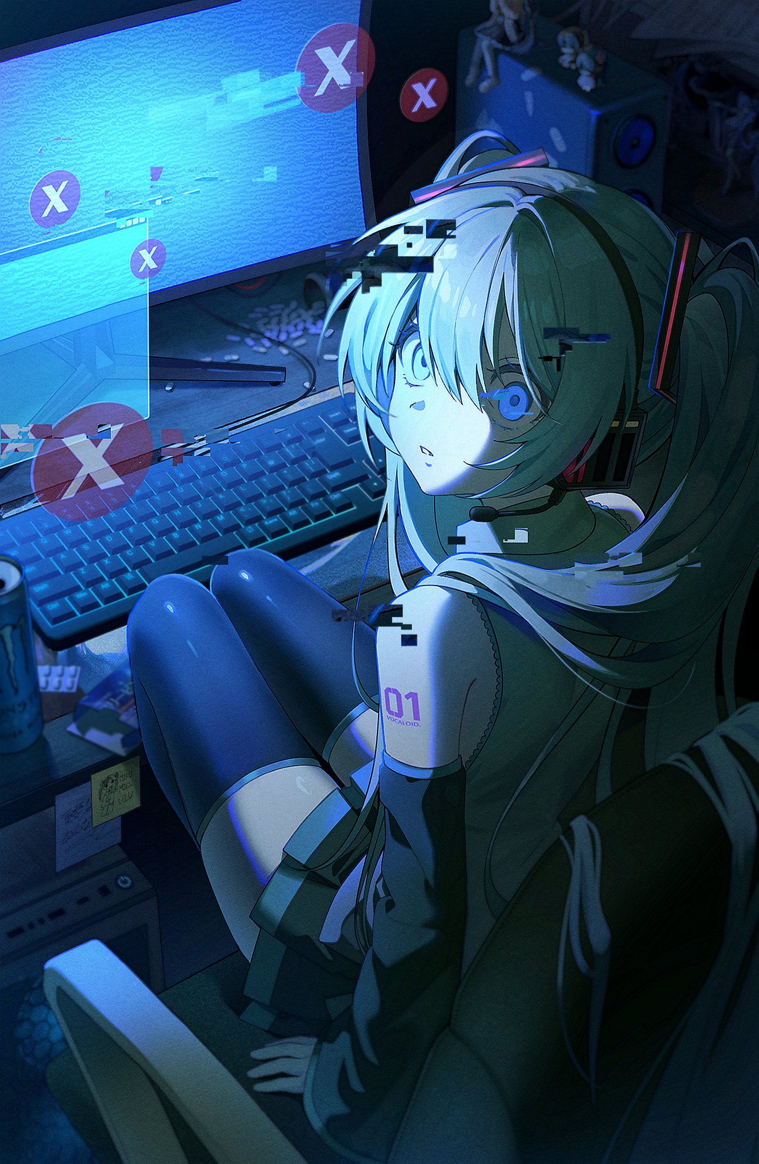 qn cmsn, hatsune miku, vocaloid, highres, 1girl, aqua hair, bare shoulders, black skirt, black sleeves, black thighhighs, blue eyes, chair, computer, computer keyboard, computer mouse, desk, detached sleeves, from behind, grey shirt, hair between eyes, hair ornament, headphones, headset, indoors, long hair, looking at viewer, looking back, miniskirt, monitor, number tattoo, parted lips, pleated skirt, shirt, sitting, skirt, sleeveless, sleeveless shirt, solo, tattoo, thighhighs, twintails, very long hair, zettai ryouiki