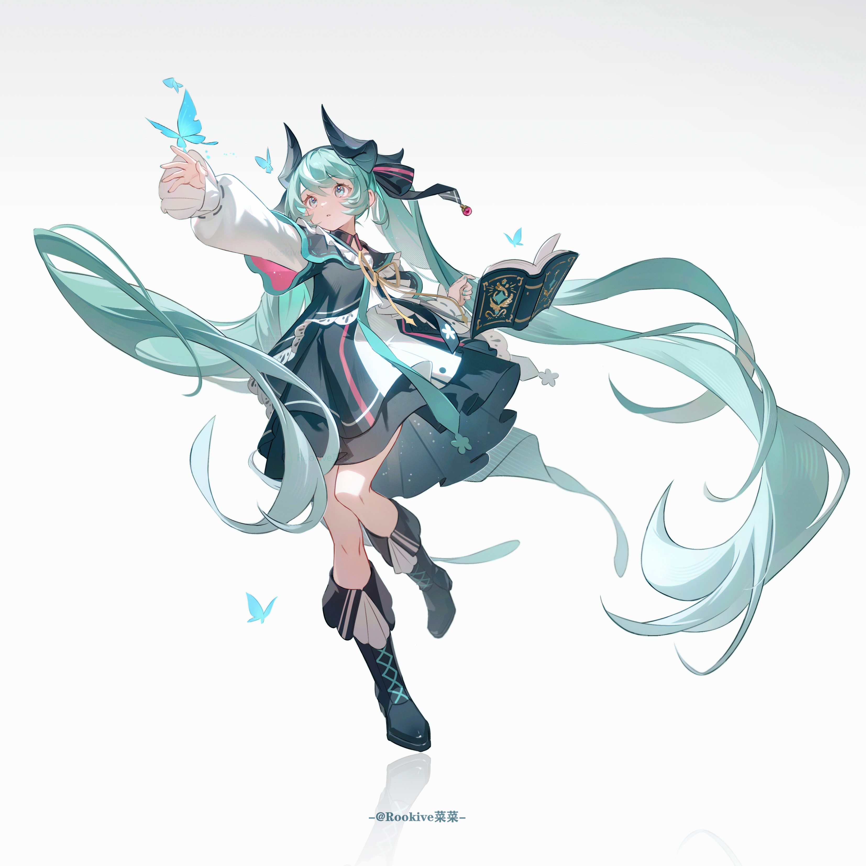 rookive, hatsune miku, vocaloid, absurdres, highres, 1girl, aqua eyes, aqua hair, arm up, black boots, black dress, blue butterfly, book, boots, bug, butterfly, dress, full body, green hair, hair between eyes, hair ornament, horns, insect, long hair, long sleeves, looking up, simple background, solo, tachi-e, twintails, very long hair, white background