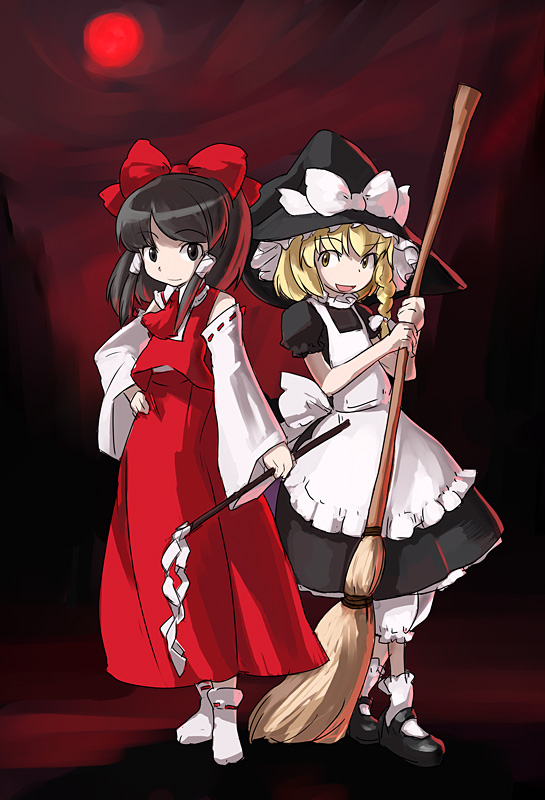 hirosato, hakurei reimu, kirisame marisa, touhou, 2girls, :d, black eyes, black hair, blonde hair, braid, dress, female focus, hair ribbon, hair tubes, hat, multiple girls, open mouth, puffy sleeves, ribbon, shoes, smile, socks, witch hat, yellow eyes