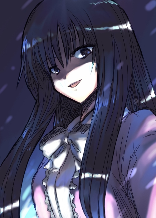 onimaru gonpei, houraisan kaguya, touhou, 1girl, blue eyes, evil smile, female focus, long hair, looking at viewer, shaded face, sidelocks, smile, solo, upper body, very long hair