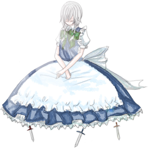 himeka, izayoi sakuya, touhou, silver hair, 1girl, braid, female focus, short hair, solo, twin braids