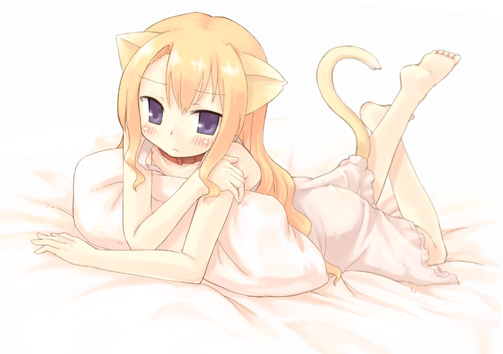 7010, animal ears, barefoot, bed, blonde hair, blue eyes, blush, collar, feet, long hair, pajamas, pillow, solo, tail