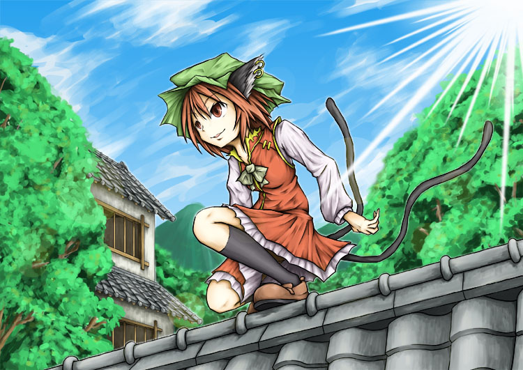 yuuhodou, chen, touhou, 1girl, animal ears, brown eyes, brown hair, cat ears, cat girl, cat tail, earrings, female focus, green hat, hat, jewelry, kneehighs, mob cap, multiple tails, rooftop, short hair, socks, solo, tail, two tails