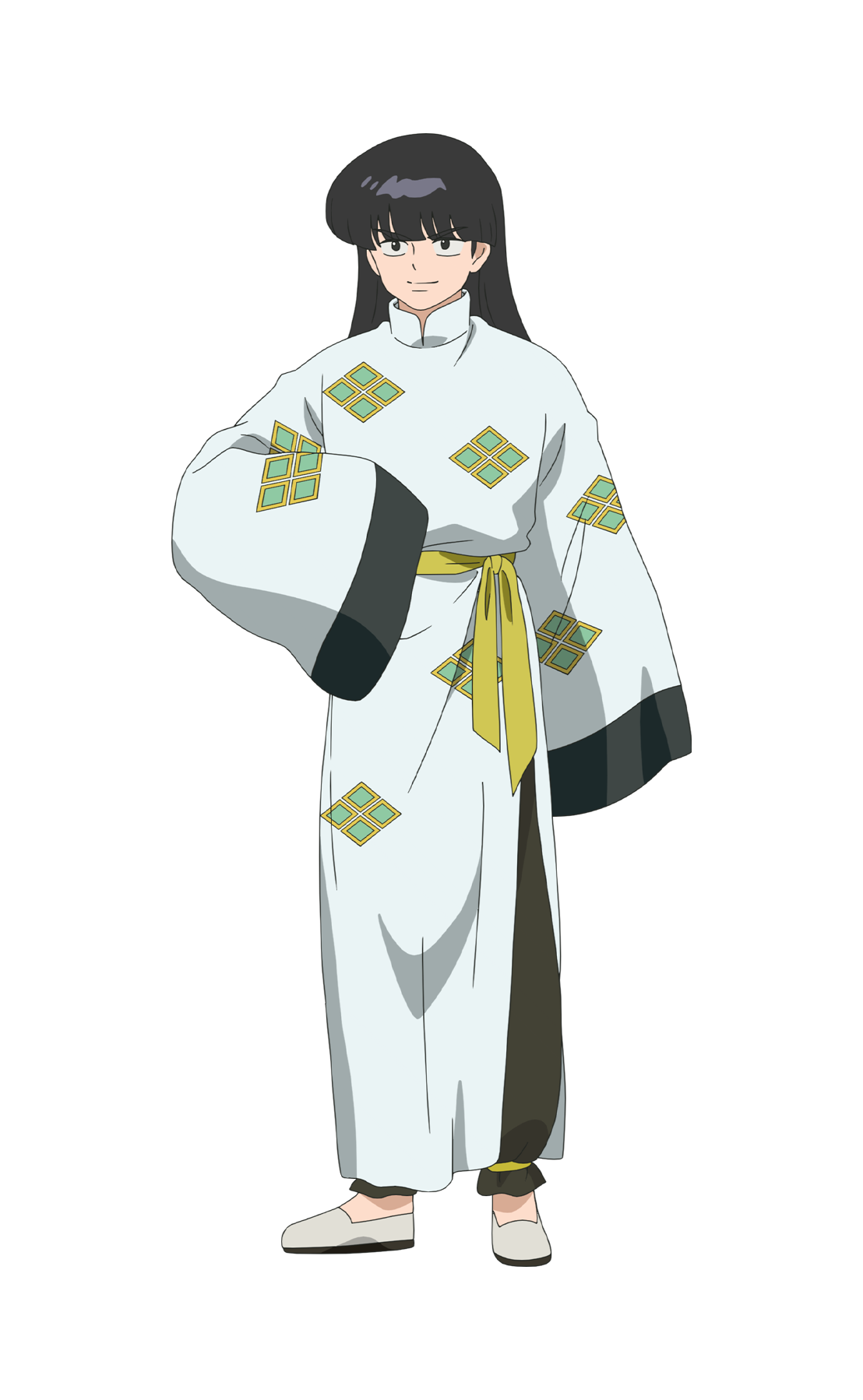 taniguchi hiromi, mousse (ranma 1/2), ranma 1/2, highres, official art, 1boy, anime coloring, black hair, black pants, chinese clothes, closed mouth, full body, hand up, long hair, long sleeves, looking at viewer, pants, sash, shirt, shoes, simple background, sleeves past wrists, smile, solo, standing, tachi-e, transparent background, white shirt, white shoes, yellow sash