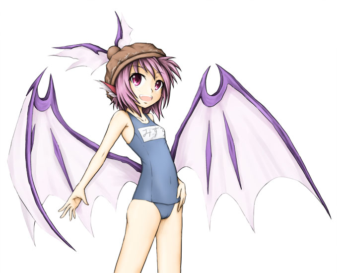 yuuhodou, mystia lorelei, touhou, 1girl, :d, alternate wings, female focus, flat chest, low wings, name tag, one-piece swimsuit, open mouth, school swimsuit, simple background, smile, solo, swimsuit, white background, wings