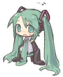 7010, hatsune miku, vocaloid, lowres, 1girl, aqua hair, chibi, female focus, long hair, solo, thighhighs, twintails, very long hair