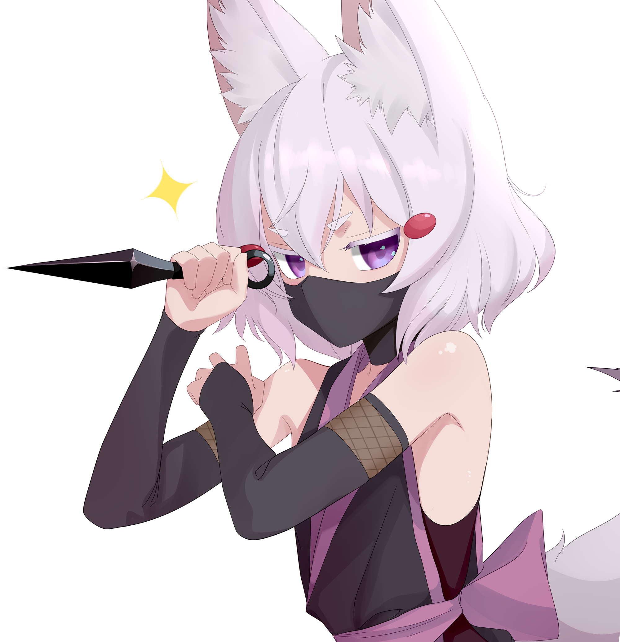 chenki (chenki), tenma maemi, phase connect, commentary, english commentary, highres, 1girl, animal ear fluff, animal ears, bare shoulders, fox ears, fox girl, fox tail, grey hair, holding, holding weapon, kunai, mask, mouth mask, ninja, outline, purple eyes, simple background, solo, tail, thick eyebrows, transparent background, v-shaped eyebrows, weapon, white background, white outline