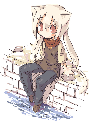 7010, lowres, animal ears, scarf, sitting, solo, tail, white hair