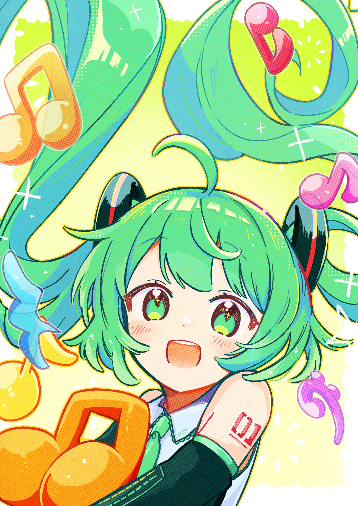 aoiyui, hatsune miku, vocaloid, highres, 1girl, :d, ahoge, bare shoulders, beamed eighth notes, black sleeves, blush, collared shirt, detached sleeves, eighth note, floating hair, green eyes, green hair, green necktie, hair ornament, long hair, looking at viewer, musical note, necktie, number tattoo, open mouth, shirt, sleeveless, sleeveless shirt, smile, solo, sparkle, sparkling eyes, tattoo, teeth, twintails, upper body, upper teeth only, very long hair, white shirt