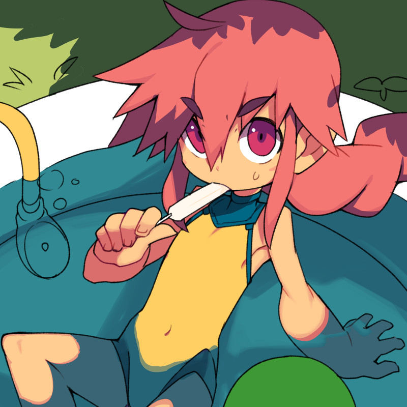 metata, korone (metata), original, 1girl, braid, braided ponytail, flat chest, food, long hair, looking at viewer, one-piece swimsuit, popsicle, red eyes, red hair, sketch, solo, swimsuit, wading pool, water