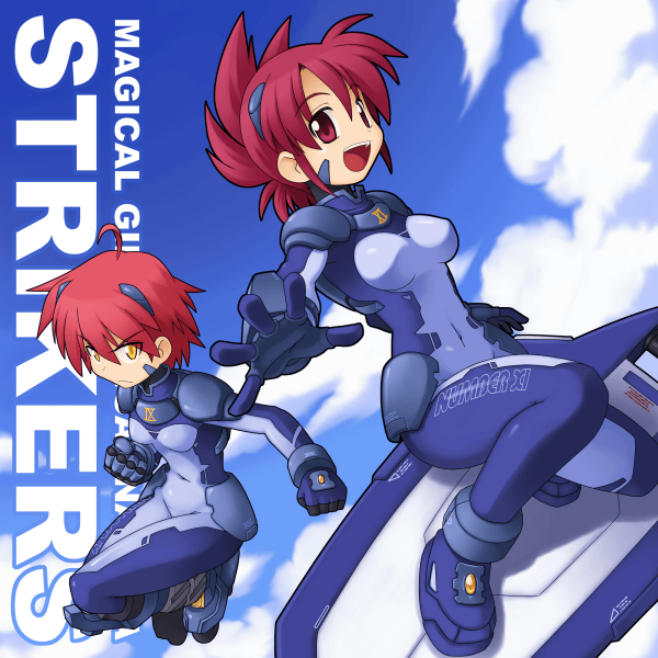 yuichirou, nove (nanoha), numbers (nanoha), wendi (nanoha), lyrical nanoha, mahou shoujo lyrical nanoha, mahou shoujo lyrical nanoha strikers, uniform, 00s, 2girls, :d, bodysuit, covered navel, full body, looking at viewer, multiple girls, open mouth, red eyes, red hair, short hair, skin tight, smile, text focus
