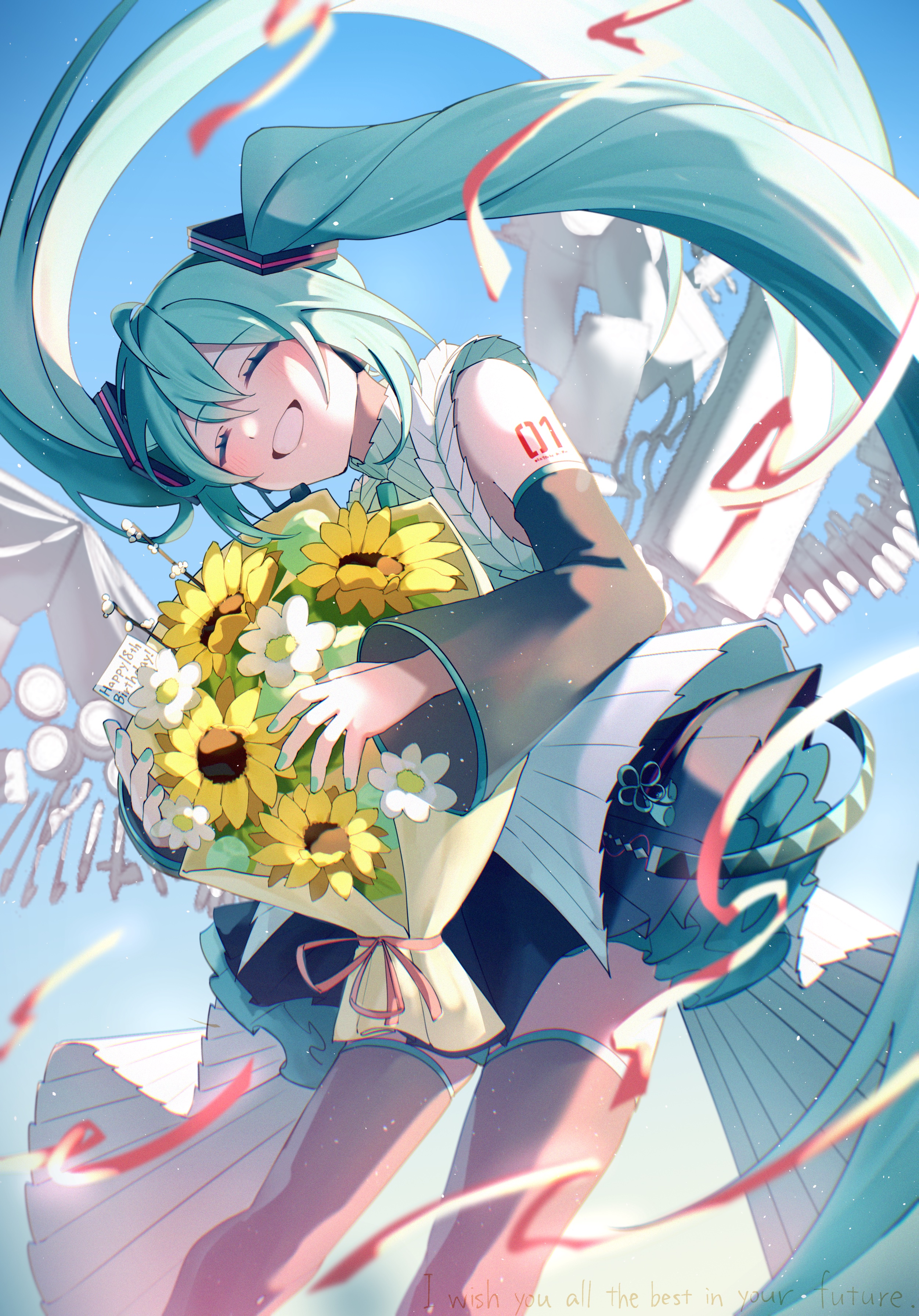 yatsumeron, hatsune miku, vocaloid, absurdres, highres, 1girl, ^ ^, aqua hair, aqua nails, bare shoulders, black skirt, black sleeves, black thighhighs, blue sky, blurry, blush, bouquet, closed eyes, day, detached sleeves, facing viewer, feet out of frame, floating hair, flower, frills, grin, hair between eyes, hair ornament, happy, happy birthday, holding, holding bouquet, light particles, long hair, nail polish, necktie, number tattoo, outdoors, piano keys, pleated skirt, ribbon, shirt, shoulder tattoo, skirt, sky, sleeveless, sleeveless shirt, smile, solo, sunflower, tattoo, teeth, thighhighs, twintails, very long hair, white flower, white shirt, wide sleeves, yellow flower, zettai ryouiki