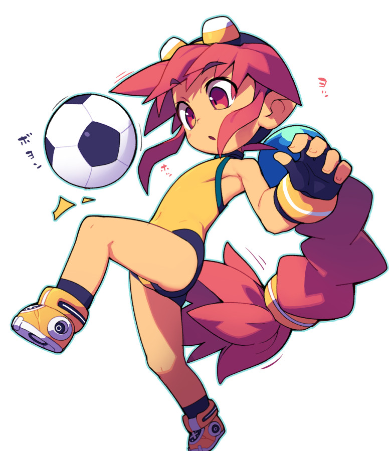 metata, korone (metata), original, 1girl, ball, braid, braided ponytail, fingerless gloves, flat chest, gloves, goggles, goggles on head, long hair, one-piece swimsuit, red eyes, red hair, soccer ball, solo, swimsuit, very long hair