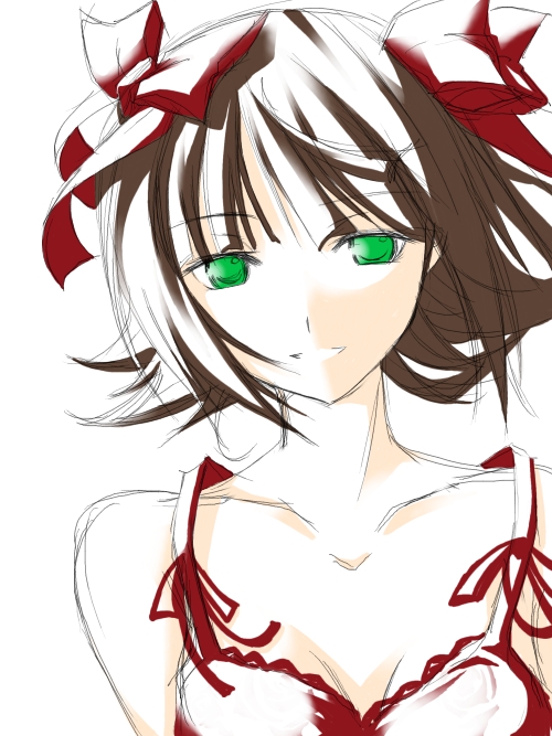 ribi, amami haruka, idolmaster, idolmaster (classic), idolmaster 1, 00s, 1girl, :d, bare shoulders, breasts, brown hair, camisole, cleavage, collarbone, female focus, green eyes, looking at viewer, open mouth, parted lips, short hair, simple background, smile, solo, white background