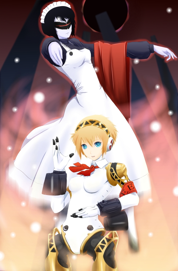 nanahime, aigis (persona), mary (soul hackers), atlus, devil summoner: soul hackers, devil summoner (series), megami tensei, persona, persona 3, shin megami tensei, bad id, bad pixiv id, 1girl, android, blonde hair, blue eyes, blue skin, colored skin, drum magazine, high-capacity magazine, magazine (weapon), maid