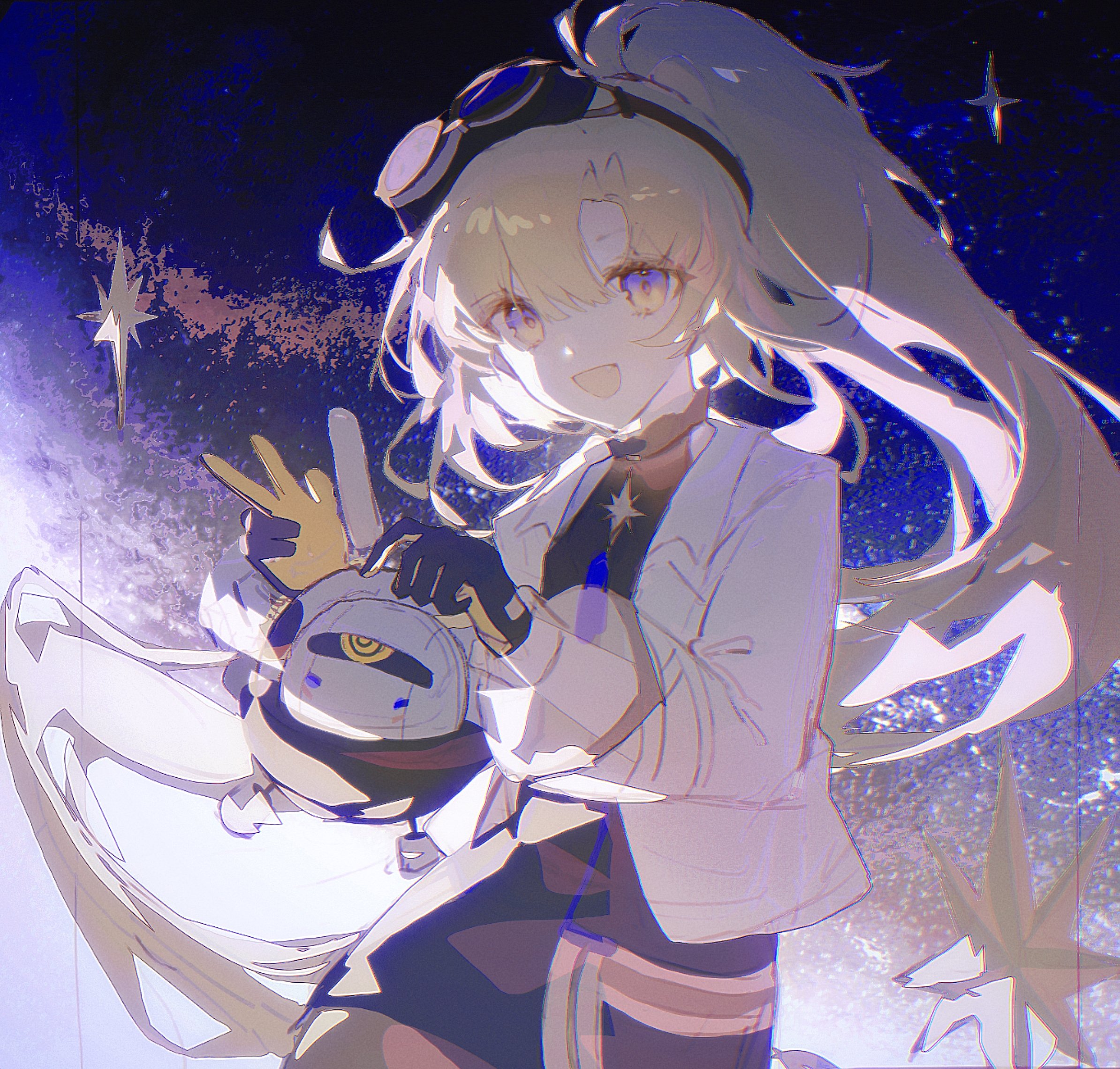 arcaea, highres, 1girl, black gloves, black shirt, black skirt, black thighhighs, blonde hair, blue eyes, breasts, curtained hair, gloves, goggles, green hair, high ponytail, jacket, leather, leather skirt, long hair, medium breasts, miracle 7y, multicolored eyes, nonoka (arcaea), ponytail, see-through clothes, shirt, skirt, solo, thighhighs, two-tone eyes, two-tone gloves, white jacket, white sleeves, yellow eyes, yellow gloves, yellow thighhighs