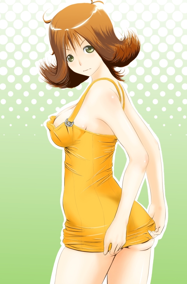 nanahime, selphie tilmitt, final fantasy, final fantasy viii, bad id, bad pixiv id, 1990s (style), 1girl, ass, breasts, brown hair, clothes lift, dress, dress lift, female focus, flipped hair, green background, green eyes, miniskirt, overalls, retro artstyle, skirt, solo, yellow overalls, yellow skirt