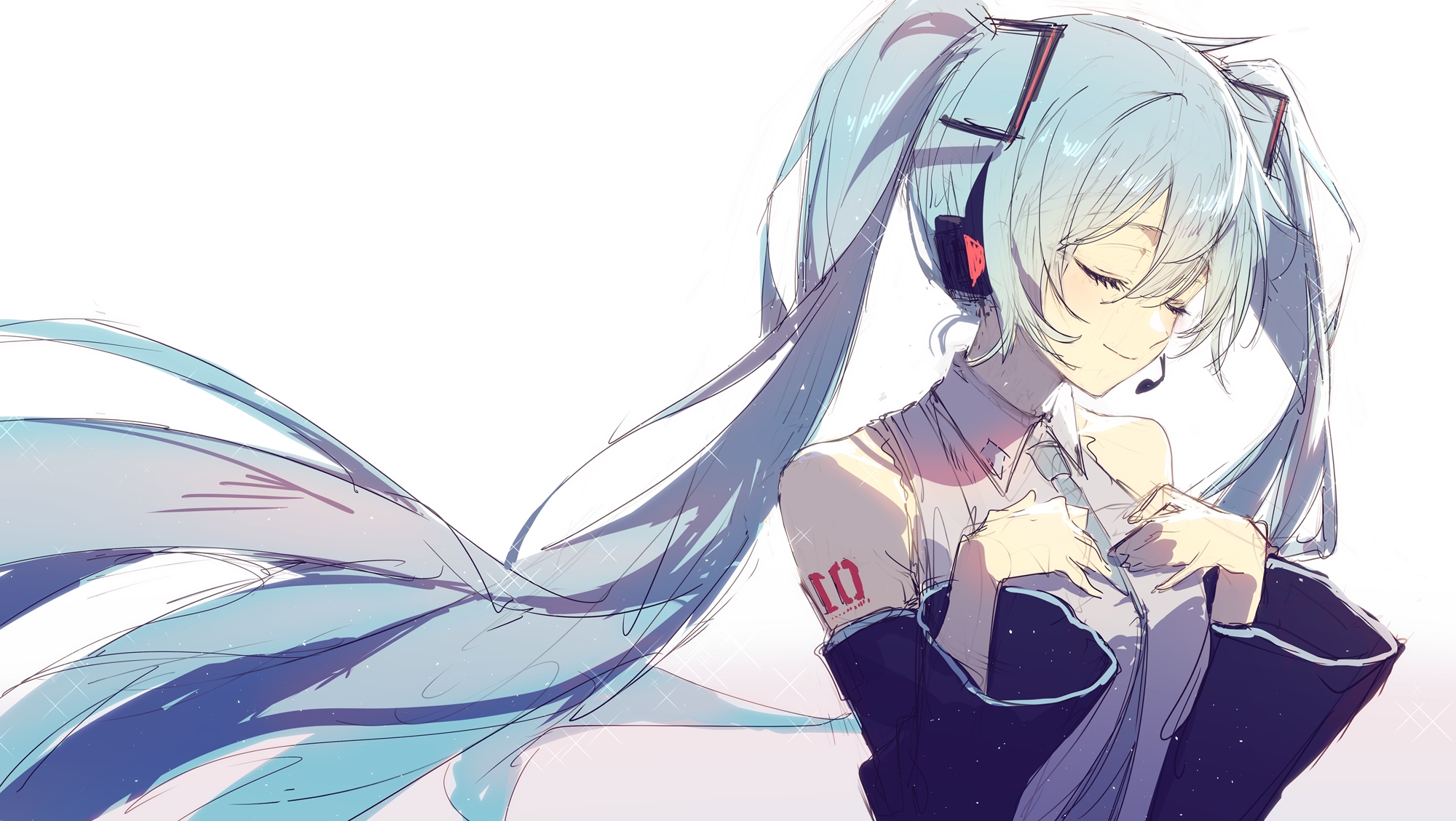 ichikawa haru, hatsune miku, vocaloid, commentary request, highres, 1girl, bare shoulders, black sleeves, blue hair, blue necktie, closed eyes, closed mouth, collared shirt, detached sleeves, grey shirt, hands on own chest, long hair, long sleeves, necktie, number tattoo, shirt, shoulder tattoo, simple background, sleeveless, sleeveless shirt, smile, solo, tattoo, twintails, upper body, white background