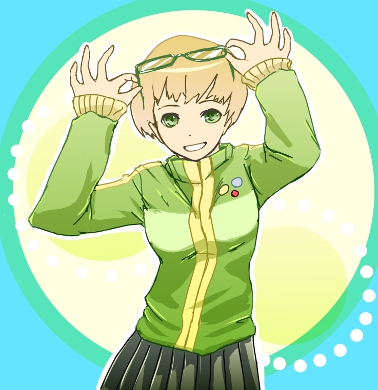 nanahime, satonaka chie, atlus, persona, persona 4, bad id, bad pixiv id, 1girl, blonde hair, female focus, glasses, green-framed eyewear, green eyes, lapel pin, oekaki, pleated skirt, sketch, skirt, solo