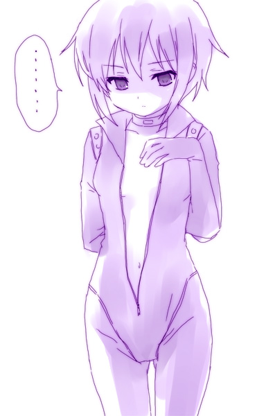 hijiki (hijikini), hijikini, nagato yuki, suzumiya haruhi no yuuutsu, …, 00s, 1girl, bodysuit, female focus, monochrome, purple theme, short hair, solo, spoken ellipsis