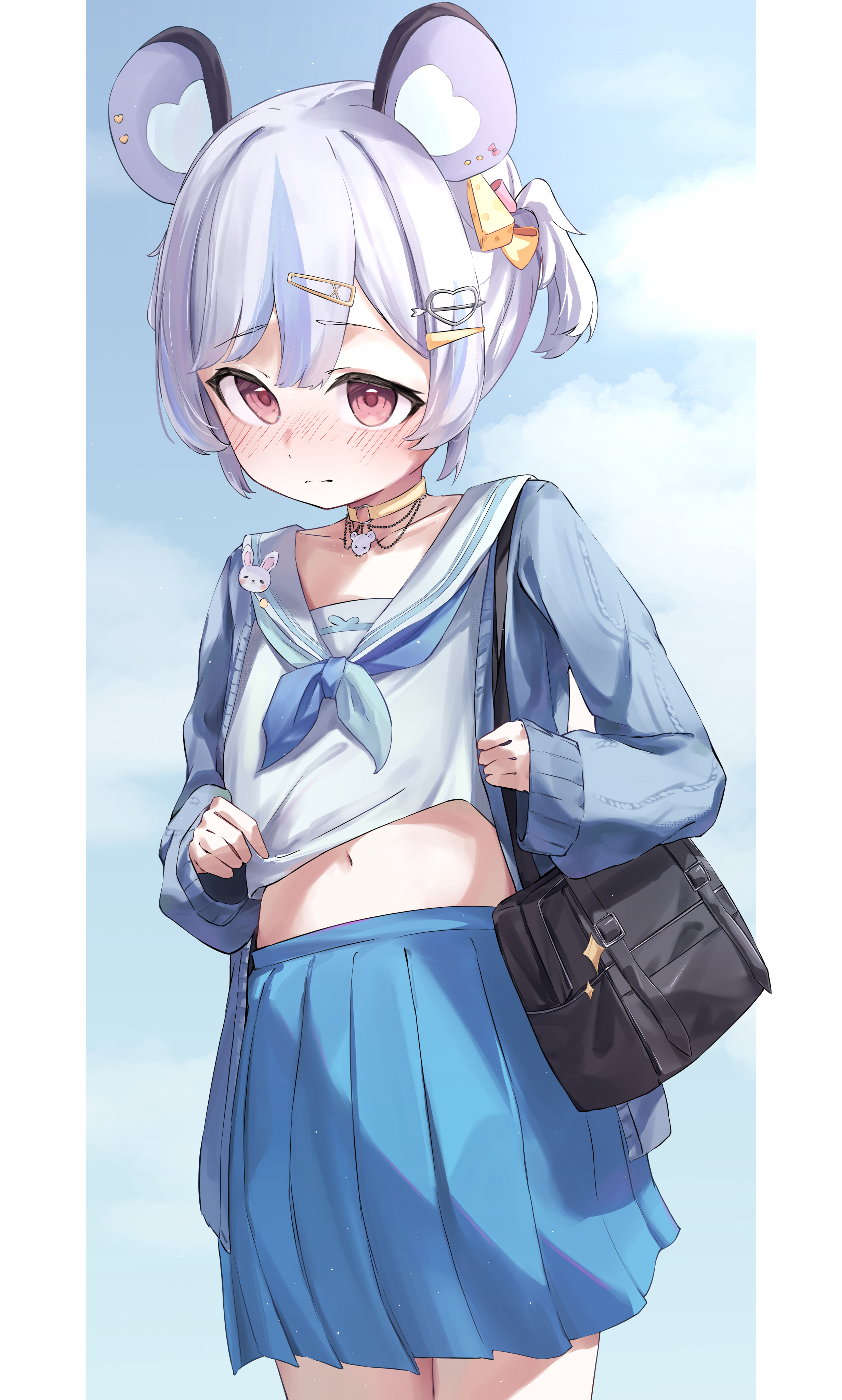 sakahana, nemimi yane, indie virtual youtuber, absurdres, commission, highres, skeb commission, 1girl, animal ears, bag, blue skirt, blush, closed mouth, hair ornament, mouse ears, mouse girl, multicolored hair, navel, pleated skirt, red eyes, sailor collar, school uniform, skirt, solo, streaked hair, virtual youtuber, white sailor collar