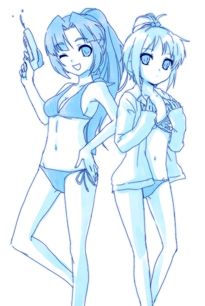 hijiki (hijikini), hijikini, asakura ryoko, nagato yuki, suzumiya haruhi no yuuutsu, 00s, 2girls, bikini, blue theme, monochrome, multiple girls, side-tie bikini bottom, swimsuit