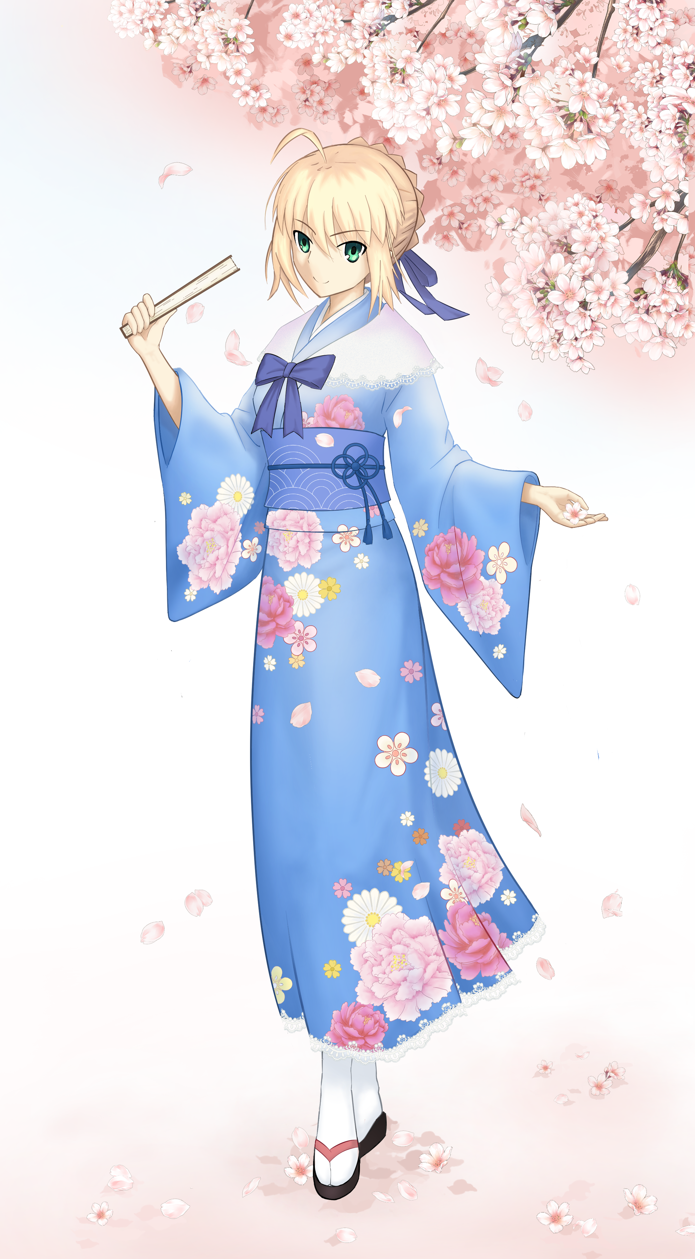 andychen662000, artoria pendragon (fate), saber (fate), fate/stay night, fate (series), absurdres, highres, 1girl, ahoge, blonde hair, blue bow, bow, bun with braided base, cherry blossom print, cherry blossoms, closed mouth, floral print, flower, green eyes, hair bow, holding, holding flower, japanese clothes, sidelocks, smile, solo
