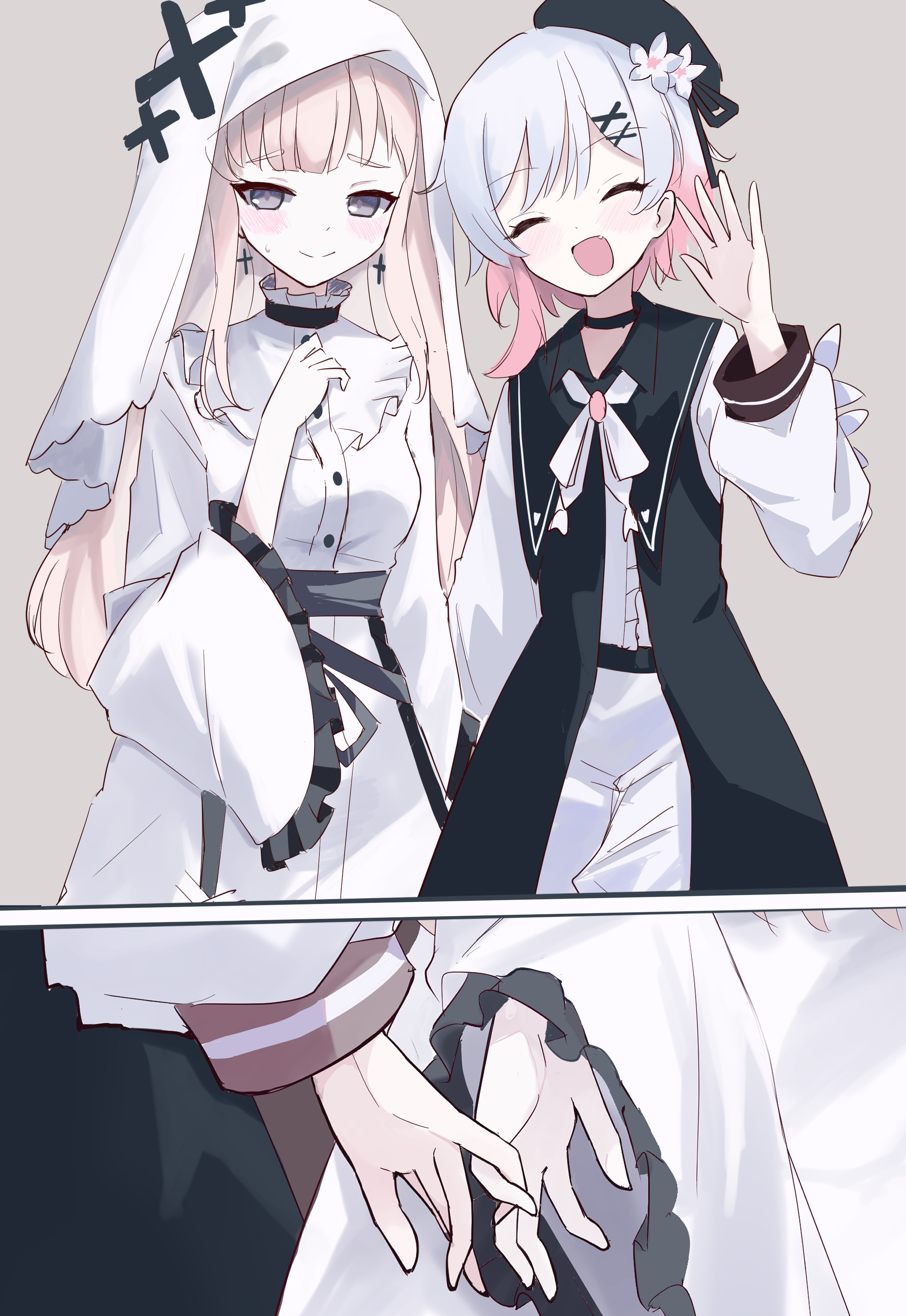 hikami meruru, sakuraba ema, mahou shoujo no majo saiban, absurdres, commentary, highres, spoilers, 2girls, beret, black dress, black hat, blonde hair, cross, cross earrings, dress, earrings, flower, flower ornament, frilled dress, frills, gradient hair, grey background, hair ornament, hat, hat flower, hime cut, interlocked fingers, jewelry, keise1018, long hair, long sleeves, magical girl, multicolored hair, multiple girls, open mouth, pants, pink hair, purple eyes, shirt, short hair, simple background, smile, veil, very long hair, white dress, white flower, white hair, white pants, white shirt, white veil, x hair ornament, yuri